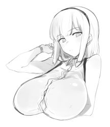 10s 1girl arm_up bad_id bad_twitter_id bare_shoulders breasts cleavage dagashi_kashi greyscale hairband large_breasts looking_at_viewer monochrome nuezou shidare_hotaru simple_background sketch solo upper_body white_background  rating:Sensitive score:77 user:danbooru
