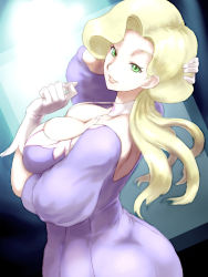 1girl blonde_hair braid breasts choker cleavage cleavage_cutout clothing_cutout creatures_(company) dress game_freak glacia_(pokemon) gloves green_eyes kous_(onetwojustice) large_breasts long_hair looking_back mature_female nintendo parted_lips pokemon pokemon_oras purple_dress solo standing white_choker white_gloves rating:Sensitive score:100 user:danbooru