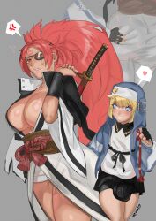 1boy 1girl absurdres angry ass_grab baiken blonde_hair blue_eyes blush breasts bridget_(guilty_gear) bulge clothes eyepatch grabbing grabbing_another&#039;s_ass grabbing_from_behind guilty_gear heart highres holding holding_sword holding_weapon huge_breasts large_penis long_hair looking_at_viewer penis pink_hair ponytail red_eyes scar scar_across_eye smile speech_bubble sword testicles trap weapon weapon_on_back