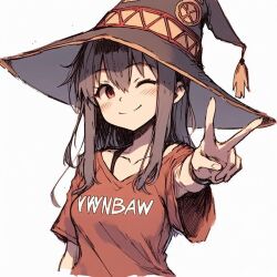 1girl 2024 blush breasts brown_hair closed_smile eyebrows_visble_through_hair hat long_hair looking_at_viewer medium_breasts megumin one_eye_closed red_eyes red_shirt shirt smile solo standing white_background  rating:General score:17 user:randomwriter391