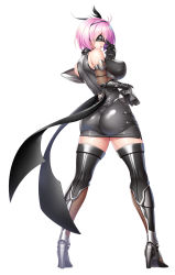  1girl ahoge aoi_nagisa_(metalder) ass bare_shoulders black_dress black_footwear blindfold boots breasts commentary_request detached_sleeves dress fishnets from_behind full_body gloves hair_ornament highres huge_ass large_breasts lilith-soft official_art parted_lips pink_hair shiny_clothes shiny_skin short_dress short_hair simple_background sleeveless sleeveless_dress solo taimanin_(series) taimanin_rpgx thigh_boots thighhighs white_background yuri_(taimanin_asagi) zettai_ryouiki  rating:Sensitive score:79 user:danbooru