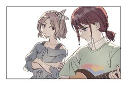  2girls acoustic_guitar akni blue_eyes border brown_hair closed_mouth collared_shirt commentary_request crossed_arms ebizuka_tomo girls_band_cry green_shirt grey_hair grey_shirt guitar hairband instrument iseri_nina korean_commentary low_twintails multiple_girls off-shoulder_shirt off_shoulder open_mouth parted_bangs playing_guitar red_eyes shirt short_hair short_twintails simple_background sleeves_past_elbows sweatdrop trembling twintails upper_body white_background white_border white_hairband white_shirt 