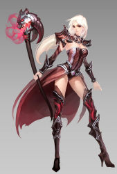  1girl armor breasts fantasy fire glowing long_hair magic original smile solo staff white_hair zhang_wei_yi 