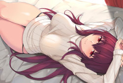 1girl arms_up bed black_panties blush bodysuit breasts breasts_apart clenched_hand closed_mouth commentary_request covered_erect_nipples cowboy_shot curtains dutch_angle fate/grand_order fate_(series) from_above hair_between_eyes holding_own_arm impossible_clothes impossible_sweater indoors large_breasts legs_together light_smile long_hair long_sleeves looking_at_viewer lowleg lowleg_panties lying no_bra no_pants nuko_(mikupantu) on_back on_bed panties purple_hair red_eyes ribbed_sweater scathach_(fate) shade sidelocks skindentation smile solo sunlight sweater taut_clothes thigh_gap thighs turtleneck turtleneck_sweater underwear very_long_hair white_sweater window rating:Sensitive score:61 user:danbooru