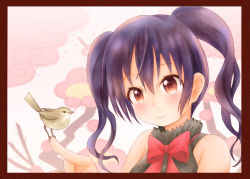  1girl bangs bare_arms bare_shoulders bird bird_on_finger black_hair black_shirt blush bow bowtie brown_outline buttons cherry_blossoms closed_mouth collared_shirt commentary_request eyebrows_visible_through_hair framed gradient_eyes hair_between_eyes hanafuda index_finger_raised light_blush looking_at_viewer medium_hair multicolored multicolored_eyes pink_background portrait red_bow red_eyes red_neckwear rieru_(zavh8244) shirt sleeveless sleeveless_shirt smile solo striped striped_shirt twintails two-tone_background upper_body urara_meirochou vertical-striped_shirt vertical_stripes white_background yukimi_koume 