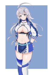  1girl ahoge alternate_costume asymmetrical_legwear blue_background blue_jacket blue_skirt blue_thighhighs breasts checkered_clothes cleavage_cutout clothing_cutout crop_top grey_eyes grey_hair hands_on_own_hips highres jacket kantai_collection large_breasts one-hour_drawing_challenge pairu_(pile_drvx86) race_queen skirt solo thighhighs two-tone_background washington_(kancolle) white_thighhighs 