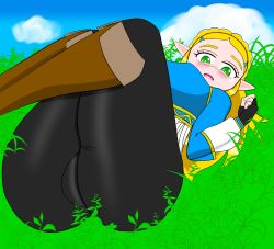  1girl ass blonde_hair blush braid breasts cameltoe chaoschrome closed_mouth cloud grass green_eyes highres large_breasts long_hair long_sleeves looking_at_viewer lying nintendo open_mouth pants pointy_ears princess_zelda sky solo the_legend_of_zelda the_legend_of_zelda:_breath_of_the_wild thick_thighs thighs tight_clothes tight_pants  rating:Questionable score:3 user:xsilnv