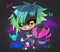  1girl akirai_(akry555) alter_(apex_legends) animification apex_legends black_background black_bodysuit black_footwear black_gloves black_sclera bodysuit chibi colored_sclera commentary english_commentary gloves green_hair mechanical_tail parted_lips short_hair smile solo squatting tail v-shaped_eyebrows white_eyes 
