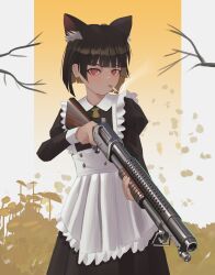  1girl absurdres animal_ear_fluff animal_ears apron black_dress black_hair blunt_bangs blunt_ends blush bob_cut border branch cat_ears cat_girl cigarette collaboration commentary cowboy_shot dress english_commentary finger_on_trigger foliage frilled_apron frills gradient_background gun highres holding holding_gun holding_weapon juliet_sleeves klottinen long_sleeves looking_at_viewer loose_hair_strand maid mouth_hold original outside_border pillarboxed puffy_sleeves pump_action red_eyes shotgun smoke smoking solo weapon weapon_request white_apron white_border yellow_background 