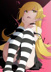  1girl ass black_background black_dress blonde_hair commentary_request dress fang from_below gesugesu_ahoaho grey_panties hand_on_own_cheek hand_on_own_face knees_to_chest knees_up legs long_hair monogatari_(series) neck open_mouth oshino_shinobu panties pantyshot pink_background pointy_ears shadow sitting striped_clothes striped_thighhighs thighhighs thighs two-tone_background underwear yellow_eyes  rating:Sensitive score:97 user:Zansder