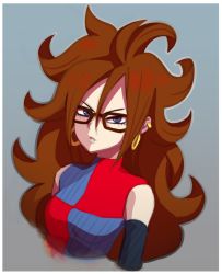  1girl android_21 blue_eyes brown_hair corecyan_x detached_sleeves dragon_ball dragon_ball_fighterz ear_piercing earrings glasses highres jewelry long_hair looking_at_viewer piercing solo tagme upper_body  rating:Sensitive score:11 user:edloser