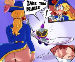  1boy 1girl artist_name ass blonde_hair blue_eyes clothes_pull embarrassed english_text hat long_hair mario_(series) nintendo pants pants_pull ponytail princess_peach princess_peach:_showtime! pussy swordfighter_peach text_focus theprincesskari torn_clothes translation_request uncensored wardrobe_malfunction 
