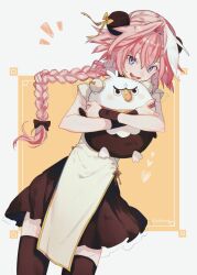  1boy archived_source astolfo_(fate) black_bow black_thighhighs bow braid bun_cover chinese_clothes double_bun dress fang fate/apocrypha fate/grand_order fate_(series) frilled_dress frills hair_bow hair_bun hair_intakes hippogriff holding holding_stuffed_toy hugging_object long_braid long_hair male_focus multicolored_hair nakaba_(mode) notice_lines objectification open_mouth pelvic_curtain pink_hair purple_eyes short_sleeves single_braid skin_fang smile solo streaked_hair stuffed_toy thighhighs trap twitter_username two-tone_hair white_hair yellow_bow zettai_ryouiki 