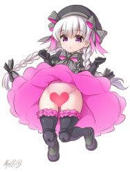 10s 1girl bad_id bad_twitter_id black_dress black_gloves black_thighhighs bow braid censored clenched_hands commentary_request doll_joints dress fate/extra fate/grand_order fate_(series) female_focus full_body gloves groin hair_bow hat heart heart_censor inactive_account joints jumping loli long_hair looking_at_viewer musouzuki navel no_panties nursery_rhyme_(fate) pink_eyes ribbon shoes signature simple_background solo thighhighs twin_braids twintails white_background wind wind_lift rating:Questionable score:53 user:danbooru