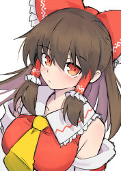  1girl absurdres ascot bow brown_hair closed_mouth collarbone hair_bow hair_tubes hakurei_reimu highres looking_at_viewer medium_hair red_bow red_eyes sidelocks simple_background solo touhou upper_body white_background yellow_ascot yuuka_(a0240765)  rating:General score:2 user:danbooru