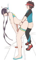 1boy 1girl age_difference arched_back ass asymmetrical_footwear black_hair blunt_bangs blush breasts brown_hair closed_eyes commentary_request creatures_(company) elesa_(pokemon) flats floating_hair game_freak headphones height_difference highres implied_sex long_hair looking_back medium_breasts mismatched_footwear mizuno_(pixiv31352320) nate_(pokemon) nintendo nipples onee-shota open_mouth partially_colored pokemon pokemon_bw2 red_headwear sex short_hair_with_long_locks shota sidelocks size_difference stairs standing standing_sex sweat tall_female teeth tiptoes tongue uneven_footwear very_long_hair visor_cap rating:Explicit score:894 user:danbooru
