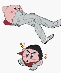  1boy blush_stickers cdtxufre commentary cosplay creature facial_hair full_body goatee highres kirby kirby_(series) kiryu_kazuma kiryu_kazuma_(cosplay) light_frown looking_ahead male_focus nintendo outstretched_arms ryuu_ga_gotoku_(series) sequential spread_arms symbol-only_commentary v-shaped_eyebrows vore walking yakuza 