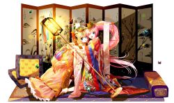  2girls ;d absurdres bad_id bad_pixiv_id blonde_hair blue_eyes blush brown_footwear bug butterfly crown cushion floral_print folding_screen full_body fusuma gem green_eyes hair_between_eyes head_tilt highres holding hug hwalot insect jewelry jokduri kneeling korean_clothes lamp lepoule light light_rays long_hair looking_at_viewer looking_to_the_side multicolored_clothes multiple_girls one_eye_closed open_mouth painting_(object) parted_bangs pink_hair ponytail seeu shadow shoes sliding_doors smile socks tassel uni_(vocaloid) very_long_hair vocaloid white_legwear wide_sleeves 