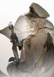  1boy absurdres alkaid_mcgrath belt black_belt black_cape black_gloves blonde_hair cape closed_mouth fighting_stance from_behind gloves gold_trim green_eyes hair_between_eyes hat highres holding holding_sword holding_weapon jacket kazenemuri light_particles long_sleeves looking_at_viewer looking_back lovebrush_chronicles male_focus medium_hair military_hat military_uniform peaked_cap ready_to_draw sheath sheathed side_cape sideways_glance simple_background sleeve_cuffs smirk solo standing sword uniform upper_body weapon white_background white_hat white_jacket 