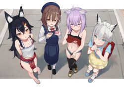  4girls :3 :o aged_down ahoge animal_ear_fluff animal_ears aqua_shirt arms_up backpack bag black_hair black_thighhighs blue_dress blue_shorts bone_hair_ornament braid brown_eyes brown_hair cat_ears cat_girl closed_mouth clothes_around_waist clothes_lift clothes_pull commentary crime_prevention_buzzer dog_ears dress ears_down empty_eyes female_focus flat_chest fox_ears fox_girl from_above full_body green_eyes grin hair_between_eyes hair_ornament hand_under_clothes highres hololive hololive_gamers inugami_korone knees_together_feet_apart loli long_hair looking_at_viewer looking_up mesugaki micro_shorts midriff multicolored_hair multiple_girls naughty_face nekomata_okayu ookami_mio open_mouth pinafore_dress pov purple_eyes purple_hair randoseru red_hair red_sweater red_tank_top sandals shaded_face shirakami_fubuki shirt shirt_lift short_hair short_shorts shorts single_braid skirt sleeveless sleeveless_dress smile smug socks standing stoner08 streaked_hair sweater sweater_around_waist t-shirt tank_top thighhighs twin_braids virtual_youtuber white_hair white_socks white_tank_top wolf_ears wolf_girl yandere yellow_eyes yellow_skirt  rating:Questionable score:240 user:danbooru
