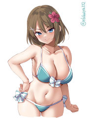  1girl aqua_bikini bare_arms bare_legs bare_shoulders bikini blush bow bow_bikini breasts cleavage closed_mouth collarbone ebifurya flower hair_flower hair_ornament highres kantai_collection large_breasts looking_at_viewer maya_(kancolle) navel red_flower short_hair simple_background smile solo swimsuit twitter_username white_background x_hair_ornament  rating:Sensitive score:28 user:danbooru