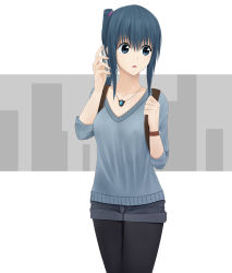  1girl :o backpack bad_id bad_pixiv_id bag black_pantyhose blue_eyes blue_hair blue_sweater blush collarbone cowboy_shot denim denim_shorts highres holding holding_phone jewelry long_hair looking_away looking_to_the_side love_(pspdspsp) mole mole_under_eye necklace open_mouth original pantyhose pantyhose_under_shorts pendant phone ponytail shorts sidelocks sleeves_past_elbows solo standing sweater tareme upper_body watch wristwatch  rating:Sensitive score:6 user:danbooru