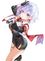  1girl absurdres aiming arm_up asymmetrical_gloves belt black_belt black_gloves black_unitard breasts cape cleavage_cutout clothing_cutout colored_inner_hair cowboy_shot from_side gloves gun hand_on_own_head hand_up highres holding holding_gun holding_weapon honkai:_star_rail honkai_(series) large_breasts looking_at_viewer mole mole_on_thigh multicolored_hair open_mouth purple_eyes r_aeel red_cape red_hair short_hair simple_background solo streaked_hair thigh_strap topaz_(honkai:_star_rail) uneven_gloves weapon white_background white_hair 