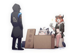 1other 2girls :3 ahoge ambiguous_gender animal_ear_fluff animal_ears arknights artist_name black_bow black_coat black_footwear black_jacket black_pants black_shorts black_tube_top blush_stickers bow box cardboard_box cat_ears cat_girl cat_tail chibi chinese_commentary coat commentary cow_horns croissant_(arknights) doctor_(arknights) fur-trimmed_jacket fur_trim grey_hair hair_bow horns huan_jiu in_box in_container jacket long_hair mint_(arknights) multiple_girls navel one_eye_closed open_clothes open_jacket open_mouth orange_hair pants penguin_logistics_logo rhodes_island_logo_(arknights) shadow shoes short_hair shorts simple_background sitting sparkle stomach strapless tail thumbs_up tube_top visor_cap white_background |_| rating:General score:12 user:danbooru