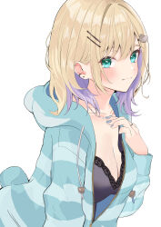  1girl absurdres animal_hair_ornament bear_hair_ornament black_camisole blonde_hair blue_jacket blush breasts camisole chain chain_necklace cleavage collarbone colored_inner_hair commentary drawstring ear_piercing green_eyes hair_ornament hairclip heart highres hood hooded_jacket jacket jewelry kurumi_noah lace-trimmed_camisole lace_trim looking_at_viewer multicolored_clothes multicolored_hair multicolored_jacket nail_polish nakano_kura necklace partially_unzipped piercing purple_hair purple_nails ring simple_background solo striped_clothes striped_jacket sweater two-tone_hair two-tone_jacket virtual_youtuber vspo! white_background zipper zipper_pull_tab 