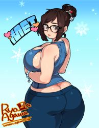  1girl agawa_ryou artist_name ass back bad_id bad_tumblr_id bare_shoulders beads bracelet breasts brown_eyes brown_hair butt_crack character_name cleavage curvy female_focus from_behind frown glasses hair_bun hair_ornament hair_stick hairpin huge_ass huge_breasts jewelry large_breasts looking_at_viewer looking_back mei_(overwatch) narrow_waist overwatch overwatch_1 pants plump short_hair sideboob single_hair_bun snowflakes snowing solo sweatpants tank_top thick_lips thick_thighs thighs watermark web_address wide_hips  rating:Questionable score:209 user:dmysta3000