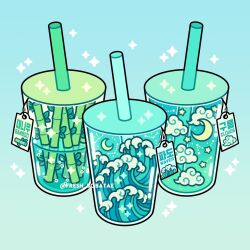 aqua_background aqua_theme bamboo cloud constellation crescent_moon cup disposable_cup drink drinking_straw emily_kim food_focus gradient_background highres liquid moon no_humans original pastel_colors simple_background sky sparkle tag twitter_username waves