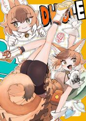  1girl :d absurdres animal_ear_fluff animal_ears arm_up ass bike_shorts black_socks bolo_tie boots breasts brown_hair character_name commission cross-laced_footwear dhole_(kemono_friends) dog_ears dog_girl dog_tail dress fang gloves hair_between_eyes highres inset kanmoku-san kemono_friends lace-up_boots legs_up medium_breasts multicolored_hair official_alternate_costume open_mouth safari_hat short_hair skeb_commission smile socks solo tail tan_dress two-tone_hair white_hair yellow_eyes 