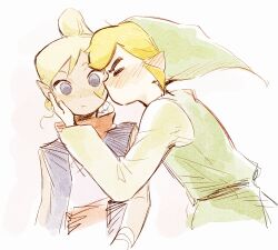  1boy 1girl blonde_hair green_hat green_shirt grey_eyes hand_on_another&#039;s_cheek hand_on_another&#039;s_face hat highres impossible_hair kiss link looking_at_viewer nintendo pointy_ears pointy_hat senzo6700 shirt tetra the_legend_of_zelda the_legend_of_zelda:_the_wind_waker toon_link 