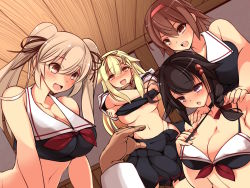 1boy 4girls :d adapted_costume black_shirt black_skirt blonde_hair blush breasts brown_hair cleavage commentary_request crop_top dutch_angle furrowed_brow hair_ornament hairband hands_on_another&#039;s_shoulders highleg highleg_panties highres indoors kantai_collection large_breasts long_hair long_neck long_sleeves looking_at_viewer miniskirt multiple_girls murasame_(kancolle) navel neckerchief open_clothes open_mouth open_skirt panties perky_breasts pleated_skirt pov pov_hands red_neckerchief sailor_collar school_uniform serafuku shigure_(kancolle) shiratsuyu_(kancolle) shirt skirt sleeveless sleeveless_shirt smile ueda_katsuhito underwear undressing white_panties white_sailor_collar wooden_ceiling yuudachi_(kancolle) rating:Questionable score:10 user:danbooru