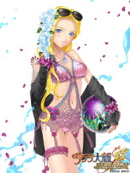  1girl alternate_costume ball bare_legs bare_shoulders beachball bead_necklace beads bikini black-framed_eyewear black_sleeves blonde_eyebrows blonde_hair blue_eyes blue_flower bracelet breasts cleavage collarbone commentary copyright_notice cowboy_shot detached_sleeves english_text eyewear_on_head flower flower_bikini flower_necklace flower_tassel flower_thigh_strap glycine_bleumer hair_flower hair_ornament hair_over_breasts hair_over_one_breast hand_in_own_hair hand_on_own_chest highres holding holding_ball holding_beachball jewelry logo long_hair long_sleeves looking_at_viewer medium_breasts midriff mobage nail_polish navel necklace official_art petals pink_bikini pink_flower pink_tassel sakura_taisen sakura_taisen_iii sega smile solo standing sunglasses swimsuit thigh_strap very_long_hair water_drop wide_sleeves yuasa_tsugumi 