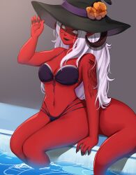  arm_tattoo colored_skin glasses hat highres horns poolside red-skinned_female red_skin tail tattoo white_hair witch_hat 