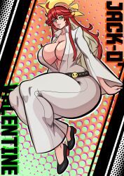  1girl absurdres acraeaaconite breasts cleavage green_eyes guilty_gear heels highres huge_breasts jack-o&#039;_valentine large_breasts multicolored_hair red_hair solo text_background track_suit two-tone_hair white_hair  rating:Questionable score:4 user:anonim34
