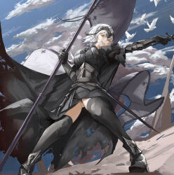  1girl armor armored_boots bird black_armor blonde_hair boots breasts cloud cloudy_sky dove fate/grand_order fate_(series) flag flagpole full_body gauntlets headpiece highres holding holding_flag holding_sword holding_weapon jeanne_d&#039;arc_alter_(avenger)_(fate) jeanne_d&#039;arc_alter_(avenger)_(first_ascension)_(fate) jeanne_d&#039;arc_alter_(fate) looking_at_viewer sheath short_hair sky solo sword thighhighs weapon yellow_eyes zuraa_(naunau_seijin) 