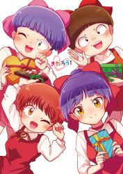  4girls :3 ;d blush bow box brown_hair character_name child choker closed_mouth collared_shirt commentary_request dress facing_viewer fang gegege_no_kitarou gegege_no_kitarou_3 gegege_no_kitarou_4 gegege_no_kitarou_5 gift gift_box green_eyes hair_bow heart heart-shaped_box highres himeno_ktnk holding holding_gift long_sleeves looking_at_viewer multiple_girls multiple_persona nekomusume nekomusume_(gegege_no_kitarou_3) nekomusume_(gegege_no_kitarou_4) nekomusume_(gegege_no_kitarou_5) nekomusume_(gegege_no_kitarou_6) one_eye_closed open_mouth pinafore_dress pink_bow purple_hair red_bow red_choker red_dress red_eyes red_hair shirt short_hair simple_background sleeveless_dress smile translated valentine white_background white_shirt wink yellow_eyes 
