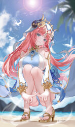  1girl absurdres ass bare_shoulders blue_gemstone blue_panties bracer breasts cameltoe circlet detached_sleeves fake_horns gem genshin_impact gladiator_sandals gold_footwear gold_trim harem_outfit highres horns jewelry large_breasts long_hair long_sleeves looking_at_viewer neck_ring nilou_(genshin_impact) paid_reward_available panties puffy_long_sleeves puffy_sleeves red_hair sandals sideboob smile solo squatting ttkaki twintails underwear veil white_headdress white_sleeves white_veil 