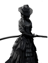  1girl braid commentary commentary_request cowboy_shot dress english_commentary face_in_shadow fighting_stance frilled_dress frills greyscale hat highres inata_wataru katana long_dress long_hair long_sleeves mixed-language_commentary monochrome original ready_to_draw scabbard sheath sheathed simple_background solo standing sword weapon white_background 