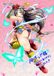  1girl ass black_hair breasts bug butterfly character_request cherry_blossoms fingerless_gloves gloves headband highres huge_ass insect japanese_text kunai large_breasts legs leotard long_hair looking_at_viewer looking_back ninja open_mouth sideboob smile solo thighs thong_leotard translation_request weapon yellow_eyes 