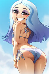  1girl absurdres andrea_davenport bikini female_focus from_behind grin highres jcm2 loli smile solo standing swimsuit the_ghost_and_molly_mcgee  rating:Questionable score:252 user:puas987