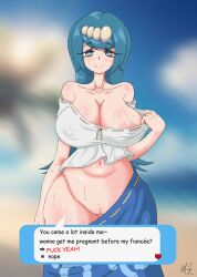  1girl aftersex blue_eyes blue_hair breasts creatures_(company) cum cum_in_pussy dialogue_box game_freak huge_breasts lana&#039;s_mother_(pokemon) long_hair maoricl nintendo pokemon smile sweat sweatdrop undressing 