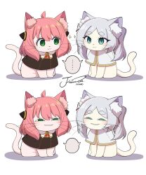  ... 2girls :3 absurdres ahoge animal_ear_fluff animalization anya&#039;s_heh_face_(meme) anya_(spy_x_family) capelet cat commentary crossover eyelashes frieren gold_trim green_eyes grey_hair highres j_humbo meme multiple_girls pink_hair shared_speech_bubble signature simple_background sousou_no_frieren sparkle speech_bubble spoken_ellipsis spy_x_family tail tanezaki_atsumi voice_actor_connection whiskers white_background white_capelet 