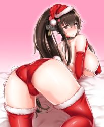  10s 1girl all_fours ass bare_shoulders bell bikini blush bra breasts brown_hair cameltoe christmas elbow_gloves from_behind gloves hair_ornament hat highres huge_ass kantai_collection la_marimo large_breasts long_hair looking_at_viewer looking_back panties parted_lips red_eyes santa_costume santa_hat shiny_clothes shiny_skin sideboob solo swimsuit thighhighs underwear yamato_(kancolle)  rating:Questionable score:33 user:armorcrystal