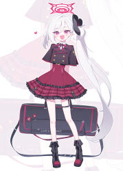  1girl bag black_footwear black_shirt blue_archive blush boots deadnooodles frilled_skirt frills full_body grey_hair halo heart highres long_hair looking_at_viewer mutsuki_(blue_archive) open_mouth pink_eyes pointy_ears red_halo red_skirt shirt short_sleeves side_ponytail simple_background skirt smile solo white_background zoom_layer 