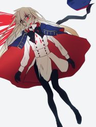  1girl artoria_caster_(fate) artoria_caster_(second_ascension)_(fate) artoria_pendragon_(fate) black_pantyhose blonde_hair blood bow buttons cape capelet double-breasted fate/grand_order fate_(series) gloves grey_eyes hat unworn_hat unworn_headwear highres looking_at_viewer morgan_le_fay_(fate) nattu721pi pantyhose simple_background aesc_(fate)  rating:Sensitive score:5 user:Jackinator7