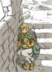  1girl armor blonde_hair boots bowl brown_eyes brown_hair cape dress female_focus final_fantasy final_fantasy_tactics food gloves greaves long_hair milleuda_folles open_mouth ruins sawaguchi_kyouji sitting sitting_on_stairs smile solo soup spoon stairs 