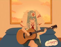  1girl absurdres ahoge animal_ears bandage_on_face bandaged_head bandages bed blouse blue_hair blue_skirt bow bowtie closed_eyes collared_shirt double-parted_bangs guitar hair_between_eyes hair_intakes highres indie_virtual_youtuber instrument light_blue_hair long_hair lop_rabbit_ears noiriririri on_bed painting_(object) para_(vtuber) para_(vtuber)_(3rd_costume) parasite_(para) playing_guitar pleated_skirt rabbit_ears rabbit_girl shirt sidelocks skirt smile thick_eyebrows virtual_youtuber white_shirt 